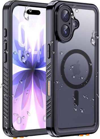 Hualele Magnetic for iPhone 17 Pro Max Case Waterproof, Compatible with MagSafe, Built in Lens & Screen Protector Translucent Matte Hard Back Full Body Protection IP68 Underwater, Black in Saudi Arabia