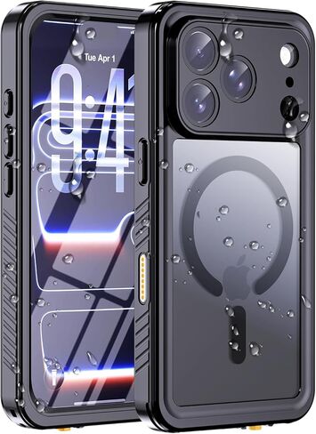 Hualele Magnetic for iPhone 17 Pro Max Case Waterproof, Compatible with MagSafe, Built in Lens & Screen Protector Translucent Matte Hard Back Full Body Protection IP68 Underwater, Black in Saudi Arabia