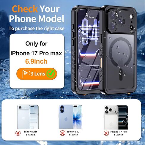 Hualele Magnetic for iPhone 17 Pro Max Case Waterproof, Compatible with MagSafe, Built in Lens & Screen Protector Translucent Matte Hard Back Full Body Protection IP68 Underwater, Black in Saudi Arabia