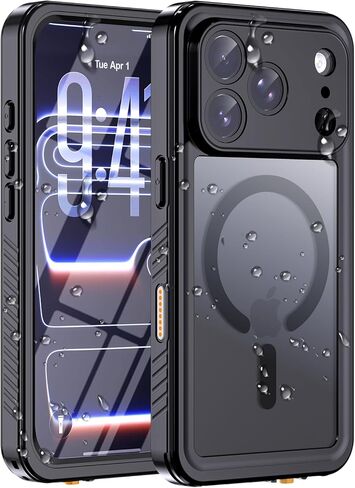 Hualele Magnetic for iPhone 17 Pro Max Case Waterproof, Compatible with MagSafe, Built in Lens & Screen Protector Translucent Matte Hard Back Full Body Protection IP68 Underwater, Black in Saudi Arabia