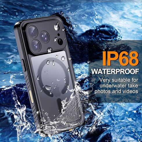 Hualele Magnetic for iPhone 17 Pro Max Case Waterproof, Compatible with MagSafe, Built in Lens & Screen Protector Translucent Matte Hard Back Full Body Protection IP68 Underwater, Black in Saudi Arabia