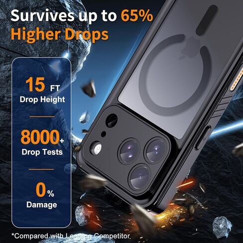 Hualele Magnetic for iPhone 17 Pro Max Case Waterproof, Compatible with MagSafe, Built in Lens & Screen Protector Translucent Matte Hard Back Full Body Protection IP68 Underwater, Black in Saudi Arabia