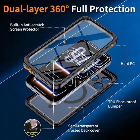 Hualele Magnetic for iPhone 17 Pro Max Case Waterproof, Compatible with MagSafe, Built in Lens & Screen Protector Translucent Matte Hard Back Full Body Protection IP68 Underwater, Black in Saudi Arabia