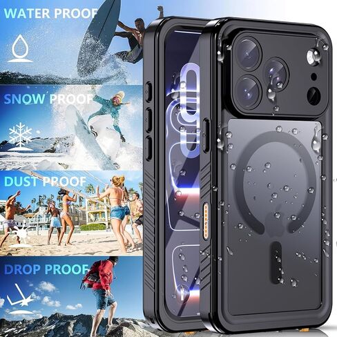 Hualele Magnetic for iPhone 17 Pro Max Case Waterproof, Compatible with MagSafe, Built in Lens & Screen Protector Translucent Matte Hard Back Full Body Protection IP68 Underwater, Black in Saudi Arabia