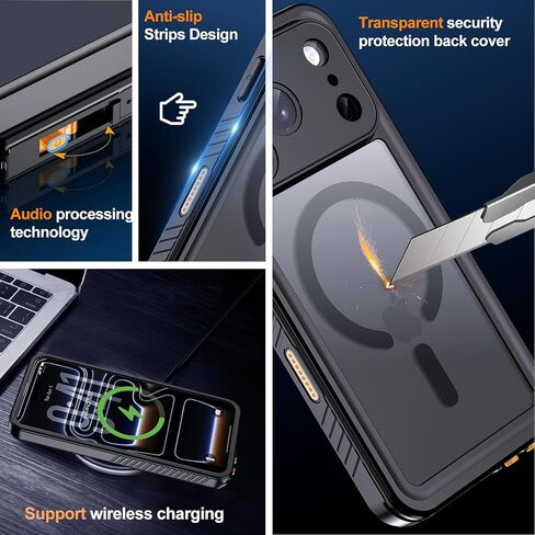 Hualele Magnetic for iPhone 17 Pro Max Case Waterproof, Compatible with MagSafe, Built in Lens & Screen Protector Translucent Matte Hard Back Full Body Protection IP68 Underwater, Black in Saudi Arabia