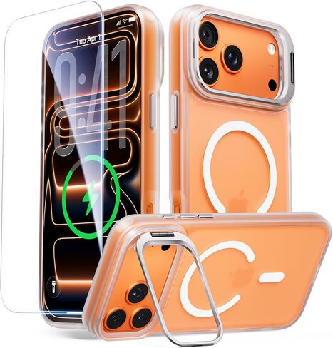 حامل مغناطيسي يدور 360 درجة لهاتف iPhone 17 Pro Max، مناسب لـ MagSafe، جراب واقٍ Mil-STD لهاتف iPhone 17 Pro Max مع مسند قابل للدوران 6.9 بوصة، برتقالي in Kuwait