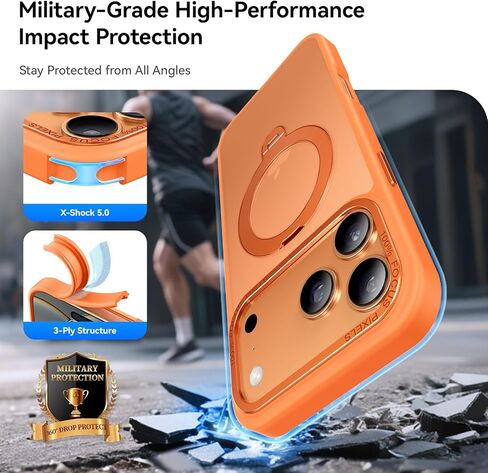 حامل مغناطيسي يدور 360 درجة لهاتف iPhone 17 Pro Max، مناسب لـ MagSafe، جراب واقٍ Mil-STD لهاتف iPhone 17 Pro Max مع مسند قابل للدوران 6.9 بوصة، برتقالي in Kuwait