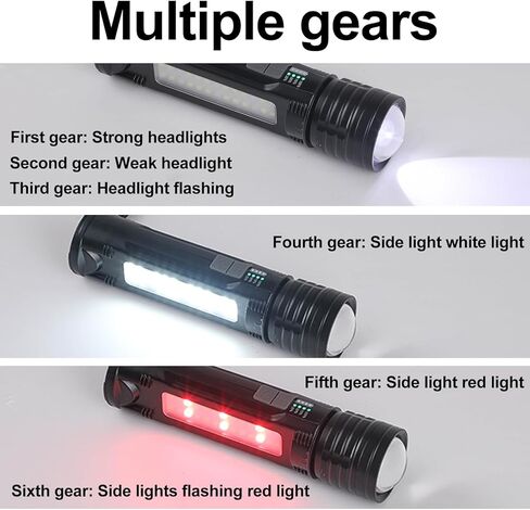 Solar Rechargeable Flashlight,Small zoom flashlight,Adjustable spotlight and flood Side White And Red Floodlight And 1800 Mah Battery,USB Charging,Outdoor,Flashlights for Emergencies,Camping,Home in Kuwait