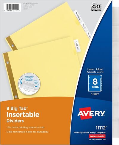 فواصل مجلد Avery مكونة من 8 علامات تبويب، علامات تبويب كبيرة شفافة قابلة للإدراج، مجموعة واحدة (11112) in Kuwait
