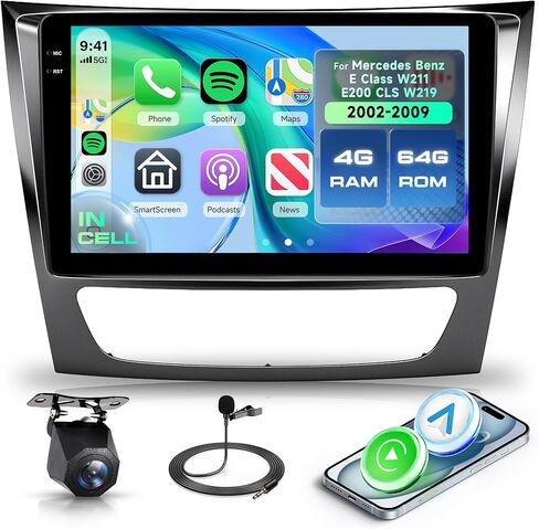 4G+64G Android 15 Car Stereo for Mercedes Benz E Class W211 E200 CLS E320 E500 E350 W219 2002-2009 Wireless Carplay Android Auto, 9'' in-Cell Screen Radio GPS/Bluetooth 5.0/FM/EQ/Wi-Fi Backup Camera in Kuwait