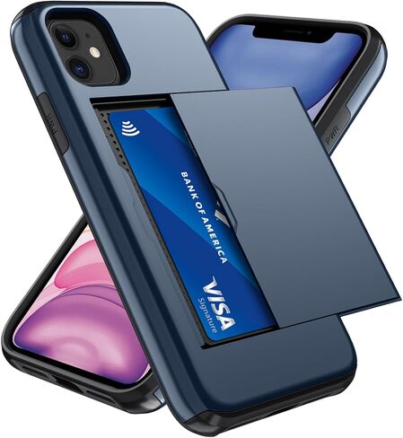 Qinmay متوافق مع حافظة iPhone 11 مع حامل بطاقة، طبقة مزدوجة مقاومة للصدمات، غطاء هاتف محفظة نحيف بفتحة مخفية وشديد التحمل، أسود in Kuwait