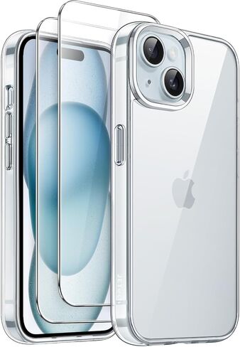 حافظة JETech 3 في 1 لهاتف iPhone 15 مقاس 6.1 بوصة مع 2 واقي شاشة من الزجاج المقوى، غطاء هاتف ممتص للصدمات غير أصفر اللون (شفاف) in Kuwait