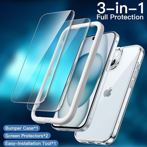 حافظة JETech 3 في 1 لهاتف iPhone 15 مقاس 6.1 بوصة مع 2 واقي شاشة من الزجاج المقوى، غطاء هاتف ممتص للصدمات غير أصفر اللون (شفاف) in Kuwait