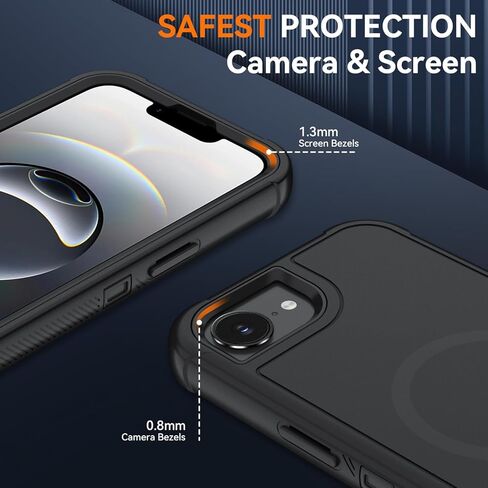 حافظة SunStory مغناطيسية لهاتف iPhone 16e وحافظة iPhone 17e مع واقي شاشة HD، متوافقة مع MagSafe، حافظة هاتف واقية هجينة لكامل الجسم مكونة من 3 طبقات لهاتف iPhone 16e/17e، أسود in Kuwait