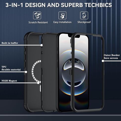 حافظة SunStory مغناطيسية لهاتف iPhone 16e وحافظة iPhone 17e مع واقي شاشة HD، متوافقة مع MagSafe، حافظة هاتف واقية هجينة لكامل الجسم مكونة من 3 طبقات لهاتف iPhone 16e/17e، أسود in Kuwait