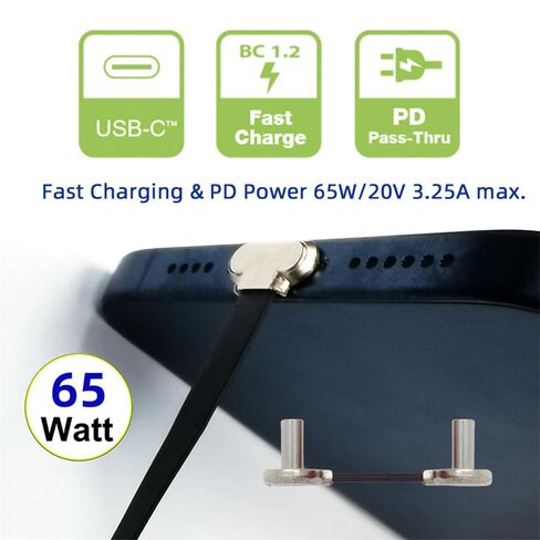 xiwai كابل بيانات USB2.0 قصير 2 سم محمول فائق النحافة مسطح USB-C من النوع C إلى USB-C موصل بزاوية طاقة 65 وات شحن سريع للهاتف اللوحي والكمبيوتر المحمول in Kuwait