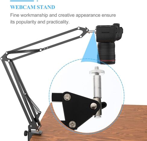 KOMBIUDA Metal Webcam Stand with Adjustable Scissor Arm and 1/4" Screw Clamp for Desktop Video Streaming and Live Broadcast, Black Portable Camera Holder for Home Office in Kuwait