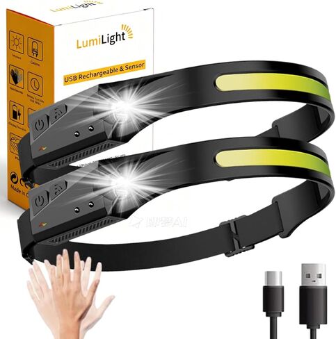 LumiLight LED مصباح أمامي قابل لإعادة الشحن، مصباح Lumi Light LED للرأس، مصباح رأس عريض 230 درجة مع مستشعر حركة للبالغين، 5 أوضاع مقاومة للماء وخفيفة الوزن للتخييم والمشي لمسافات طويلة (قطعتان) in Kuwait