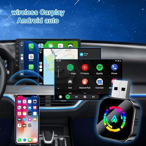 محول سلكي للسيارة إلى لاسلكي، محول لاسلكي 2 في 1 للسيارات ومع محول من النوع C إلى USB، متوافق مع iOS 6 و10 in Kuwait