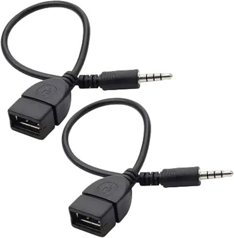 قطعتان من كابل محول USB إلى AUX أسود، قابس AUX ذكر 3.5 مم إلى USB 2.0 أنثى محول كابل سلك لمنفذ Aux للسيارة بطول 20 سم/8 بوصة ملحقات محول OTG أسود in Kuwait