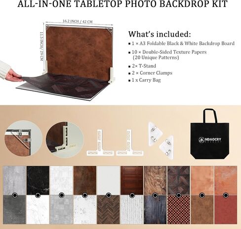 Photo Backdrop Boards, 10Pcs 20 Patterns Double-Sided Product Photography Backdrops, Flat Lay Background for Food, Jewelry, Cosmetics & Content Creation, Tabletop Shooting Kit, MDAOCRY in Kuwait