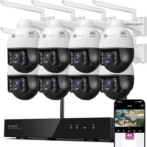 حزمة نظام كاميرا أمان xmartO 4K 8MP للخدمة الشاقة WiFi 6، NVR 10 قنوات و8 كاميرات PTZ مدمجة، مراقبة تتبع AI على مدار الساعة طوال أيام الأسبوع، كاميرا قبة معدنية مقاومة للتخريب، WiFi6 طويل المدى، 0 رسوم شهرية in Kuwait