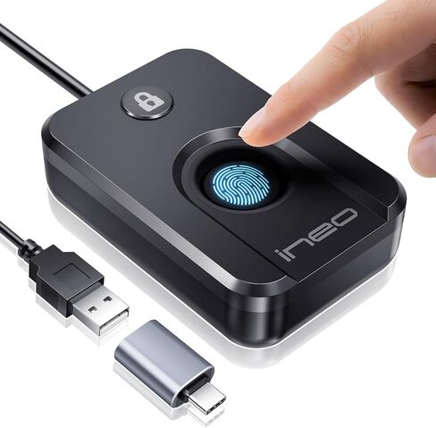 قارئ بصمات الأصابع ineo USB لنظام التشغيل Windows 10/11، Windows Hello، تسجيل الدخول بلمسة واحدة وقفل الشاشة، التوصيل والتشغيل، بدون كلمة مرور، كابل بطول 5 أقدام in Kuwait