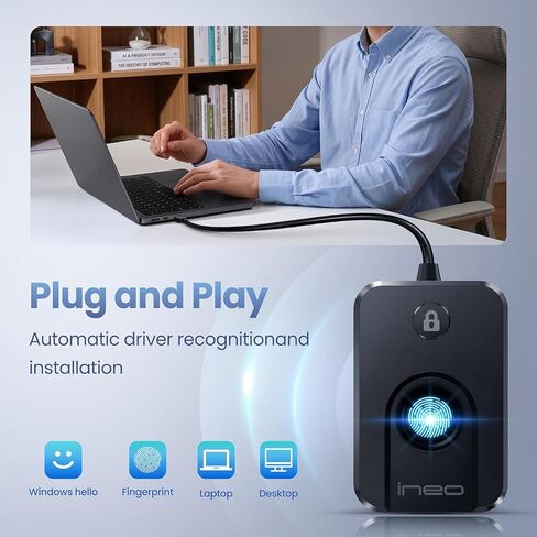 قارئ بصمات الأصابع ineo USB لنظام التشغيل Windows 10/11، Windows Hello، تسجيل الدخول بلمسة واحدة وقفل الشاشة، التوصيل والتشغيل، بدون كلمة مرور، كابل بطول 5 أقدام in Kuwait
