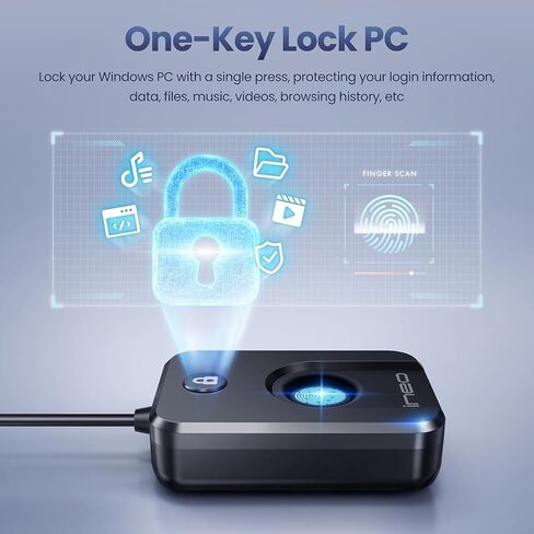 قارئ بصمات الأصابع ineo USB لنظام التشغيل Windows 10/11، Windows Hello، تسجيل الدخول بلمسة واحدة وقفل الشاشة، التوصيل والتشغيل، بدون كلمة مرور، كابل بطول 5 أقدام in Kuwait