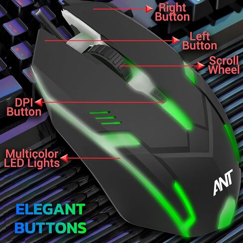ماوس الألعاب الضوئي السلكي Ant GM46 | مستشعر 2400 نقطة في البوصة | 4 أزرار متينة | إضاءة خلفية متعددة الألوان | كابل 1.5 متر | تصميم خفيف الوزن | متوافق مع أنظمة التشغيل Windows وMac وLinux_ باللون الأسود in Kuwait
