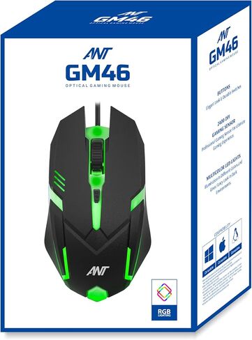 ماوس الألعاب الضوئي السلكي Ant GM46 | مستشعر 2400 نقطة في البوصة | 4 أزرار متينة | إضاءة خلفية متعددة الألوان | كابل 1.5 متر | تصميم خفيف الوزن | متوافق مع أنظمة التشغيل Windows وMac وLinux_ باللون الأسود in Kuwait