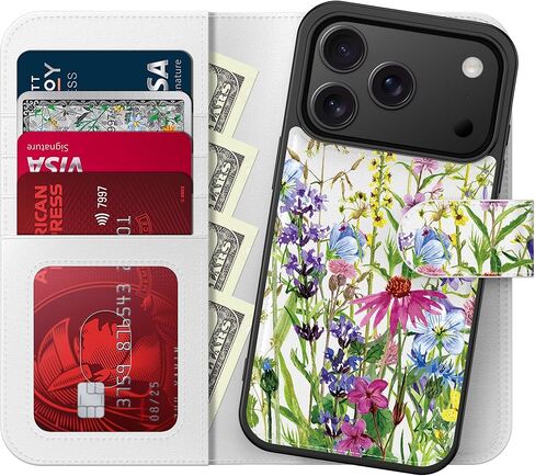 محفظة حافظة FUNMIKO لهاتف iPhone 17 Pro، غطاء جلدي قابل للطي قابل للفصل، حامل بطاقات RFID يحجب 4 بطاقات، مسند مغناطيسي، غطاء هاتف واقٍ للنساء والفتيات، زهور برية مزهرة in Kuwait