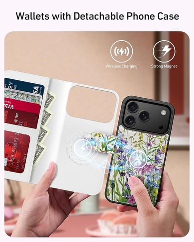 محفظة حافظة FUNMIKO لهاتف iPhone 17 Pro، غطاء جلدي قابل للطي قابل للفصل، حامل بطاقات RFID يحجب 4 بطاقات، مسند مغناطيسي، غطاء هاتف واقٍ للنساء والفتيات، زهور برية مزهرة in Kuwait