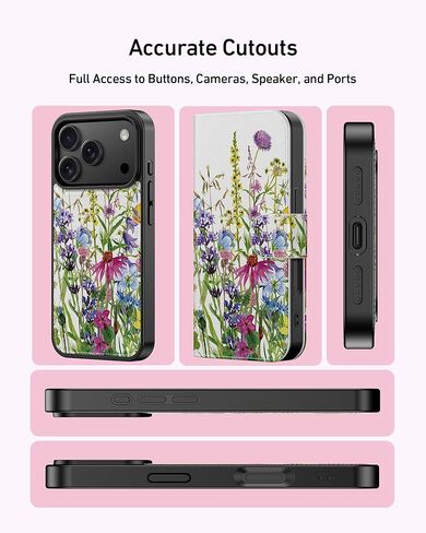 محفظة حافظة FUNMIKO لهاتف iPhone 17 Pro، غطاء جلدي قابل للطي قابل للفصل، حامل بطاقات RFID يحجب 4 بطاقات، مسند مغناطيسي، غطاء هاتف واقٍ للنساء والفتيات، زهور برية مزهرة in Kuwait