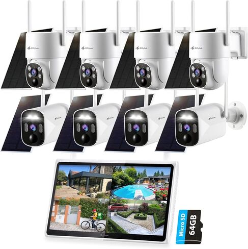 نظام كاميرا أمان Kittyhok Home Wireless Soalr مع شاشة | كاميرا مراقبة 4 Bullet & 4 PT تعمل بالطاقة الشمسية للكشف عن الإنسان، تسليط الضوء، لأمن المنزل | 10CH NVR، شاشة IPS 10 بوصة، مخزن محلي in Kuwait