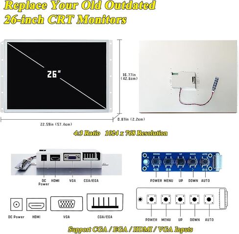 UNICO 26inch Arcade Replacement Monitor with Mounting Bracket, 4:3 Ratio LCD Monitor for HDMI/VGA/CGA/EGA Old CRT Arcade Machine - 26 inch in Kuwait