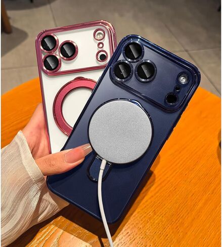 حافظة مغناطيسية لهاتف iPhone 17 Pro Max شفافة مع حامل، حماية كاملة للكاميرا [متوافقة مع Magsafe]، حافظة لهاتف iPhone 17 Pro Max 6.9 بوصة، أزرق in Kuwait