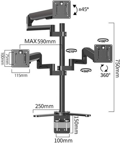 Triple Monitor Desk Mount,Fully Adjustable Gas Spring Monitor Arm Desk Mount with Clamp Base - Fits 17 to 32 Inch LCD Monitors, 75X75, 100X100 Monitors Arm in Kuwait