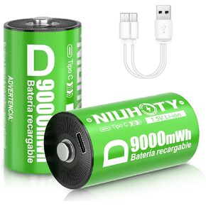 2 Pack D Cell Rechargeable Lithium Batteries 9000mWh, 1.5V Constant Output, 2-in-1 USB‑C Fast Charging, 2000+ Cycles, LR20 for Flashlight, Water Heater, Radio, Toys, Outdoor Tools in Kuwait