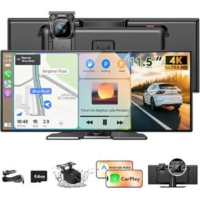 Largest 11.5 inch Wireless CarPlay Screen for Car, A-pple CarPlay & Android Auto HD Touchscreen with 4K Dash Cam/1080P Backup Camera/Navigation/Bluetooth/Voice Control/FM/Mirror Link,for All Vehicles in Saudi Arabia