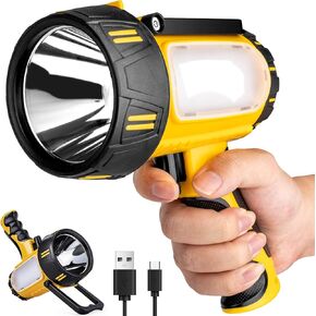 Rechargeable Spotlight 100000 Lumen, Super Bright Spotlight Flashlight with COB Light & Foldable Stand, Waterproof Long Lasting Handheld Spot Light for Camping Boating Emergency, Yellow in Saudi Arabia