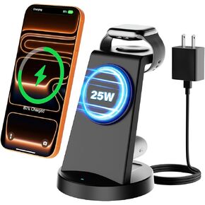 محطة شحن لاسلكية 3 في 1 مغناطيسية بقدرة 25 وات لأجهزة Apple المتعددة: حامل شاحن سريع Qi2.2 لهاتف iPhone Air 17 16 15 14 13 12 Pro Max وApple Watch وAirPods - مثالي للعمل والسفر in Kuwait
