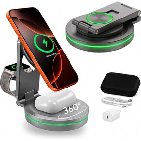 محطة شحن لاسلكية من الألومنيوم 3 في 1 لأجهزة iPhone 17/16/15/14 Pro Max وApple Watch وAirPods | قاعدة شحن سريعة قابلة للطي ومتوافقة مع MagSafe، وحامل شاحن بجانب السرير in Kuwait