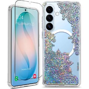 حافظة مغناطيسية لهاتف Samsung Galaxy S26 Ultra، متوافقة مع MagSafe، لطيفة للنساء والفتيات، غطاء حماية من الدرجة العسكرية بطول 10 أقدام لهاتف Galaxy S26 Ultra لامعة، دانتيل شفاف لامع ماندالا in Kuwait