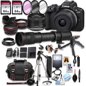 كاميرا Canon EOS R50 عديمة المرآة، عدسة 18-45 مم + عدسة مقربة فائقة مقاس 420-800 مم + ذاكرة سعة 128 جيجابايت، وإضاءة LED، وميكروفون، وبطارية احتياطية، ومرشحات، وحقيبة، وحامل ثلاثي القوائم، والمزيد (حزمة فيديو مكونة من 46 قطعة) (متجددة) in Kuwait