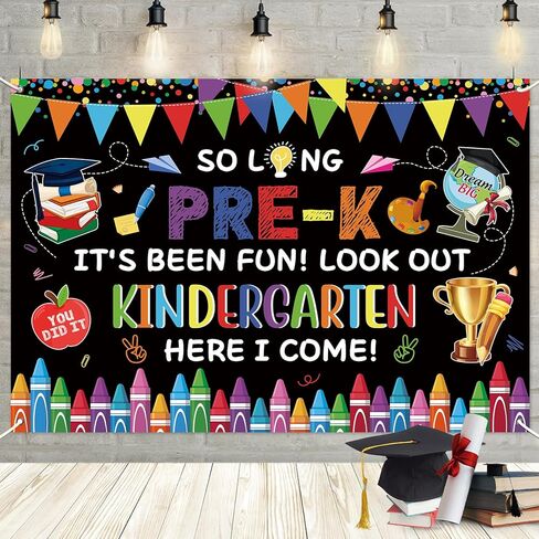 MEHOFOND 71x43 Inch PRE-K Graduation Backdrop So Long Pre-k It's Been Fun Look Out Kindergarten Here I Come Decorations Banner White Preschool Graduation Photography Background Photo Booth Props in Kuwait