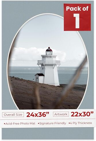 حصيرة مقصوصة مشطوفة مقاس 24 × 36 لصور مقاس 22 × 30 - فتحة لوحة صورة بيضاوية الشكل بيضاء اللون على شكل صدفة محارة مسبقًا - غير لامعة خالية من الأحماض لحماية صورك - قطع مشطوفة للصور العائلية، حزمة من لوحة واحدة in Kuwait