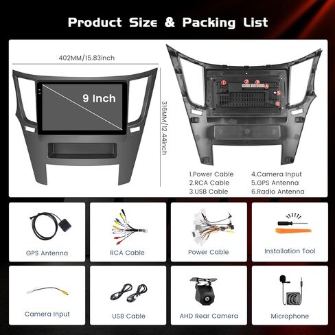 4+64GB Android 15 Car Radio for Subaru Legacy Outback 2010-2016 Wireless Carplay Android Auto, 9" 1280 * 720P in-Cell Touch Screen Car Stereo WiFi Bluetooth GPS FM/RDS EQ Backup Camera MIC in Kuwait