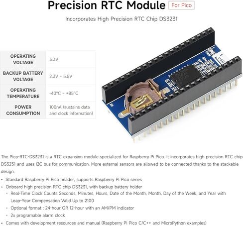وحدة Waveshare Precision RTC، متوافقة مع Raspberry Pi Pico، وحدة الساعة في الوقت الحقيقي مع شريحة DS3231، واجهة I2C، تصميم قابل للتكديس، إنذار مزدوج قابل للبرمجة in Kuwait