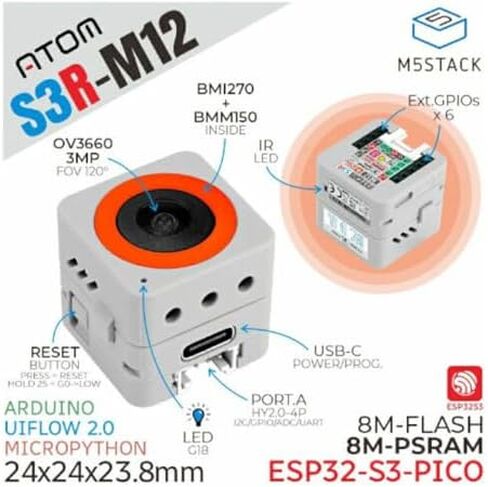 طقم كاميرا M5Stack AtomS3R M12، ESP32-S3، 3 ميجابكسل OV3660، واي فاي، فلاش 8 ميجابايت، 8 ميجابايت PSRAM، USB OTG، موديل C126-M12 in Kuwait